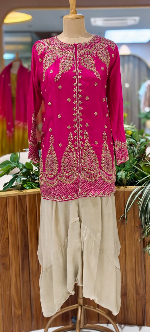 Fuschia Heavy Intricate Placement Embroidery Luxury Russian Silk Indo-Wear Kurta With Harem Pant- 12594