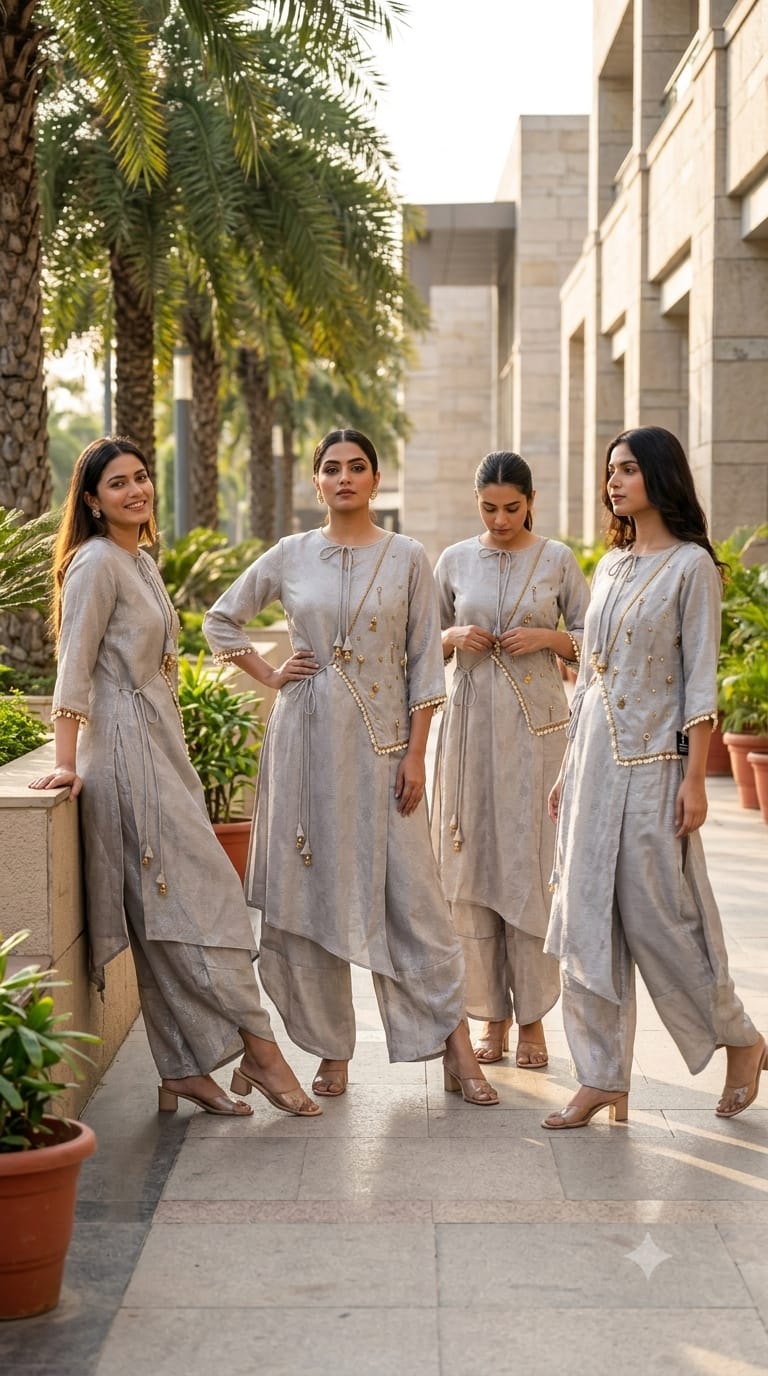 Ethereal Shimmer Fusion Knotted Indo Look Kurti With Palazzo Bottom- 15086