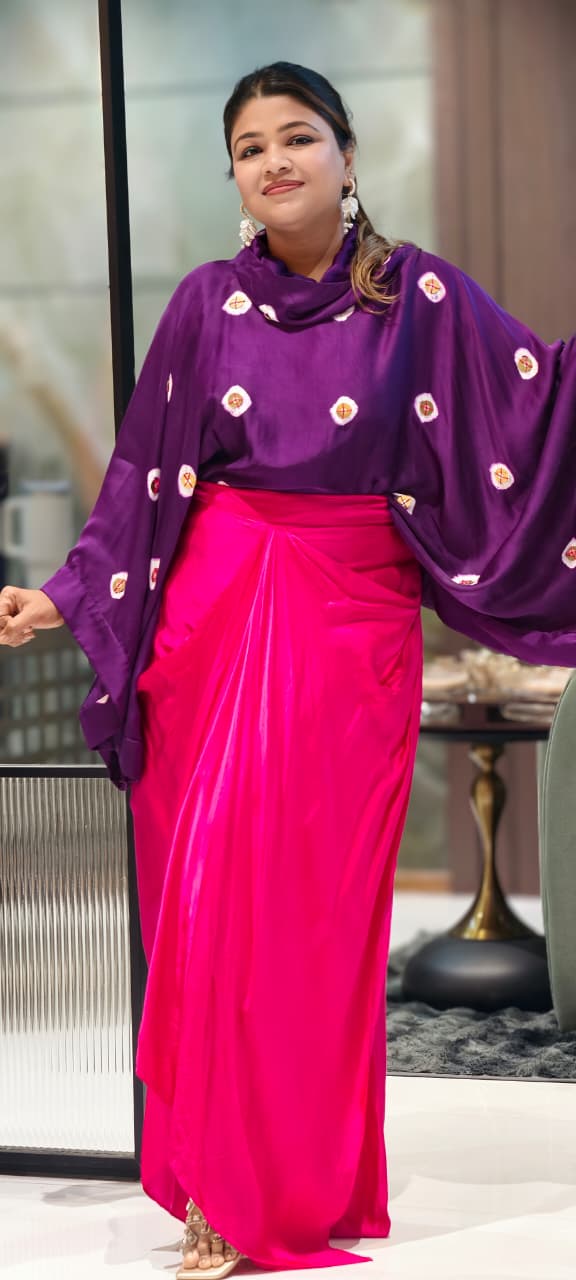 Purple Bandhani Print Cape Top with Fuchsia Pink Dhoti Skirt Bottom Modal Satin Indo-Wear- 14955