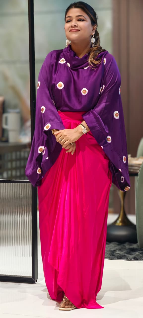 Purple Bandhani Print Cape Top with Fuchsia Pink Dhoti Skirt Bottom Modal Satin Indo-Wear- 14955