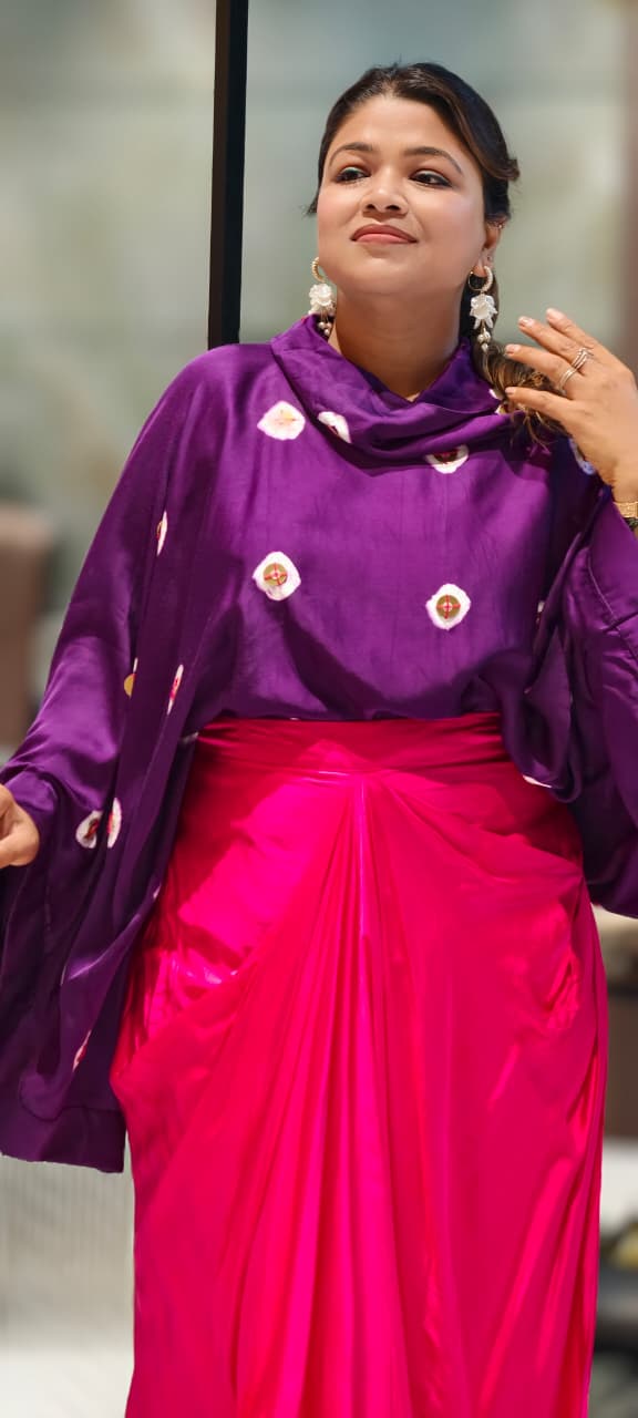Purple Bandhani Print Cape Top with Fuchsia Pink Dhoti Skirt Bottom Modal Satin Indo-Wear- 14955