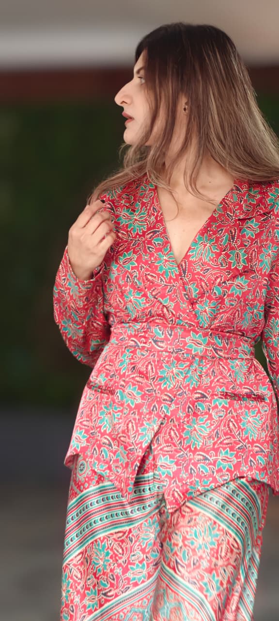 Tiny Floral Block Prints Kimono Style Shiny Modal Satin Indo Wear Top With Flared Bottom- 14947