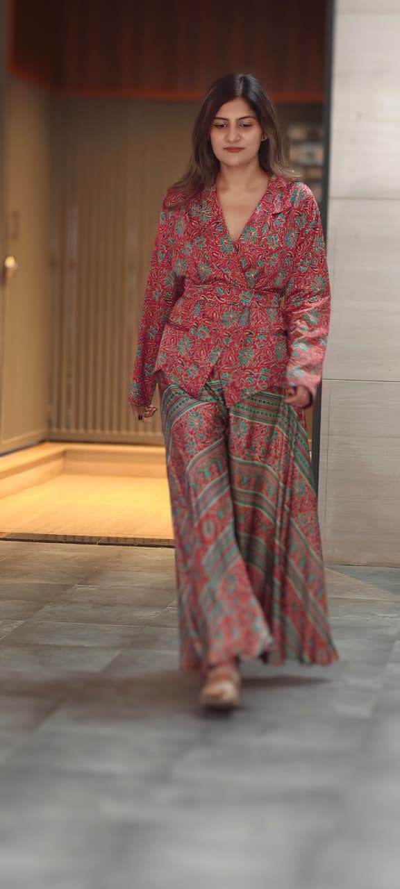 Tiny Floral Block Prints Kimono Style Shiny Modal Satin Indo Wear Top With Flared Bottom- 14947
