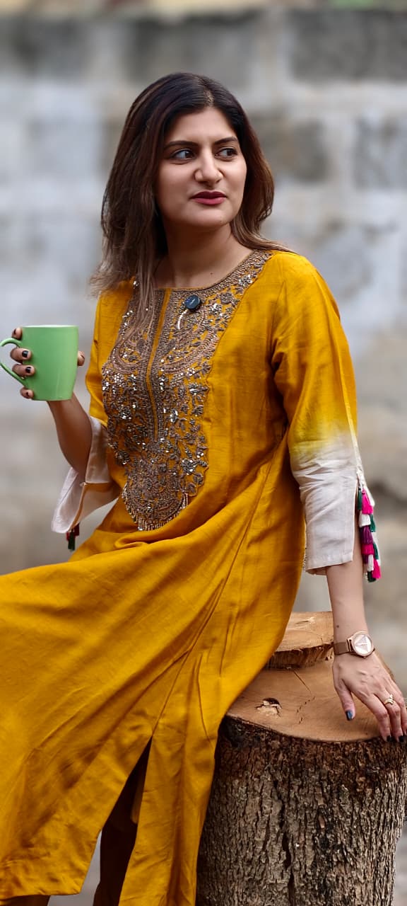 Mustard Yellow Embroidered Multi-Colored Hanging Tassels Long Kurta with Wide-Leg Palazzo Set- 13250