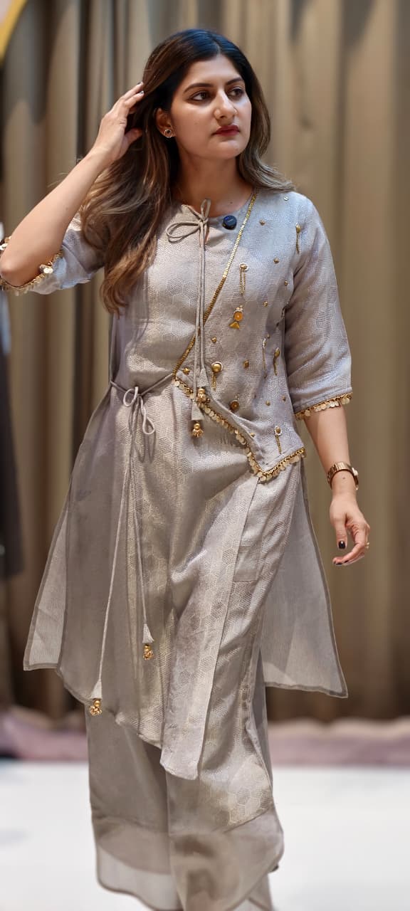 Ethereal Shimmer Fusion Knotted Indo Look Kurti With Palazzo Bottom- 15086
