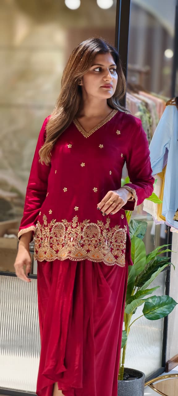 Regal Charm Glowy Embroidered Short Kurta and Draped Dhoti Skirt Set In Russian Silk Fabric- 13256