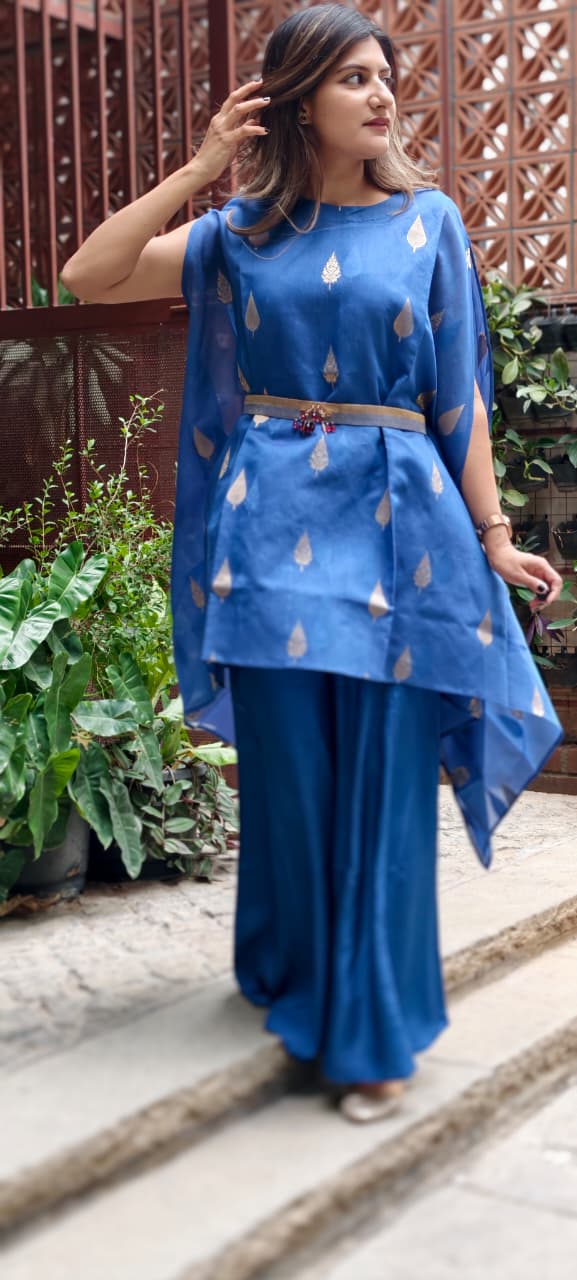 Royal Blue Leafy Brocade Touch Kaftan Look Indo-Western With Bottom & Separate Belt- 13460