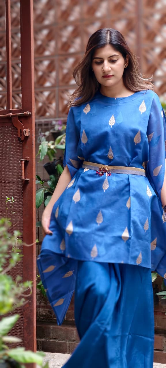 Royal Blue Leafy Brocade Touch Kaftan Look Indo-Western With Bottom & Separate Belt- 13460
