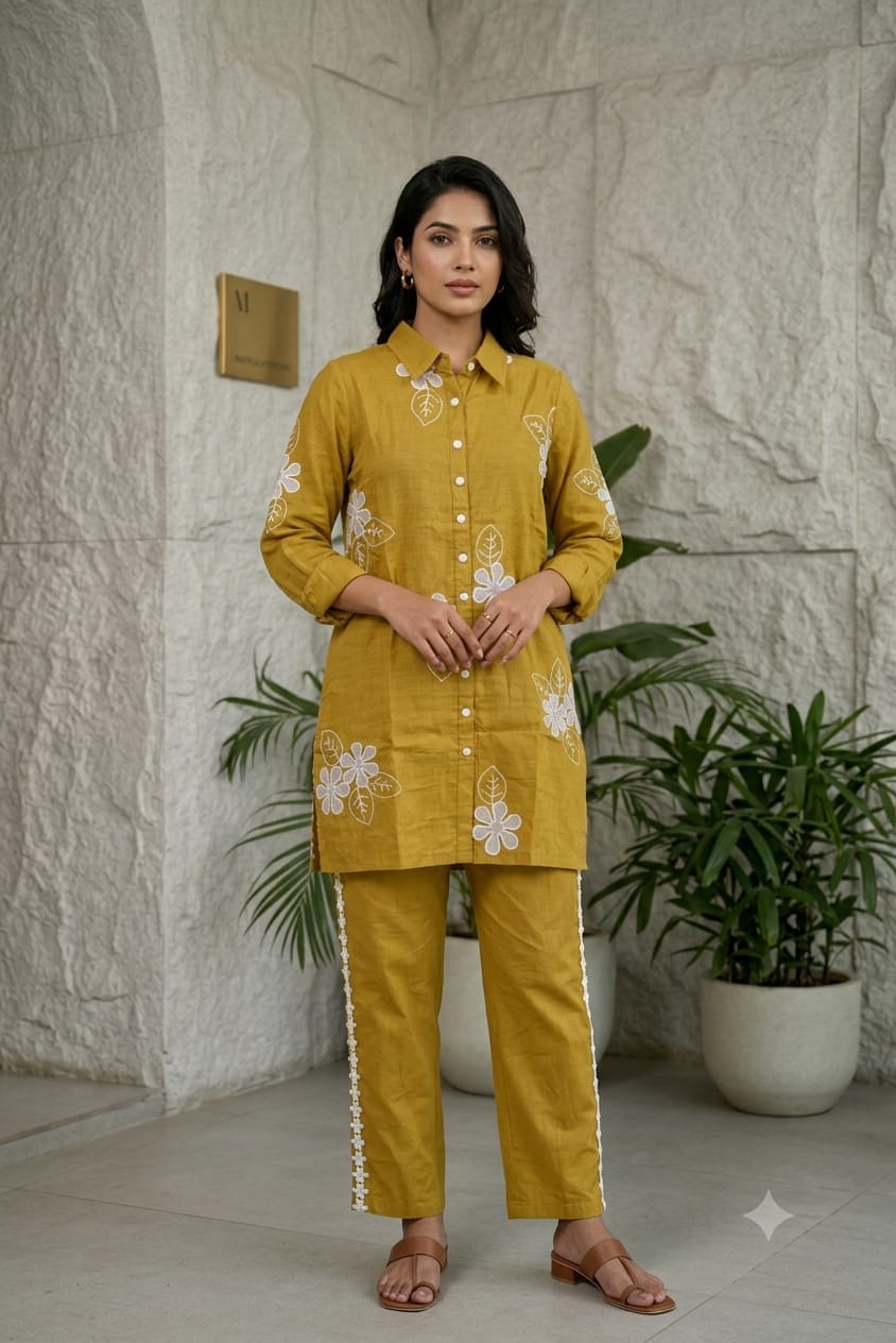 Cute Floral Applique Look Embroidered Banarasi Mul-Chanderi Co-Ord Set- 15435