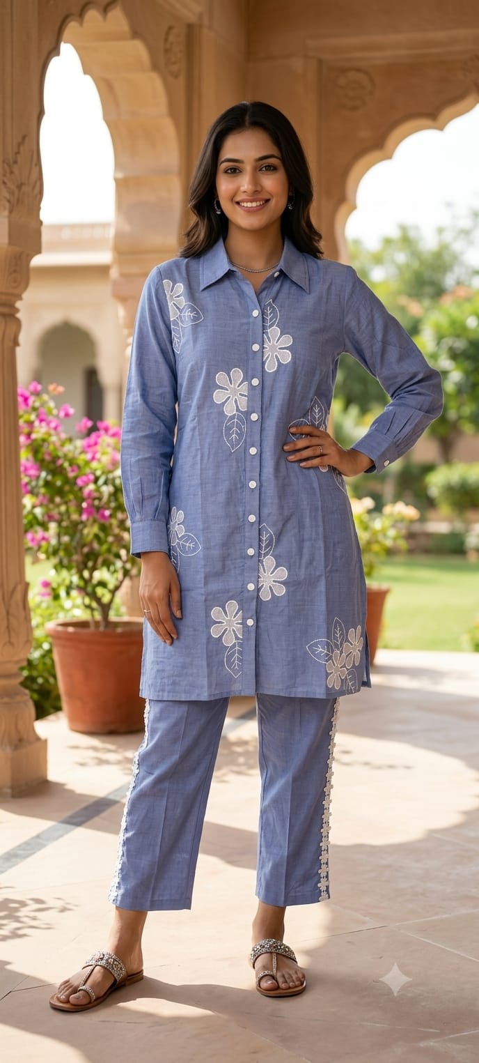 Cute Floral Applique Look Embroidered Banarasi Mul-Chanderi Co-Ord Set- 15435