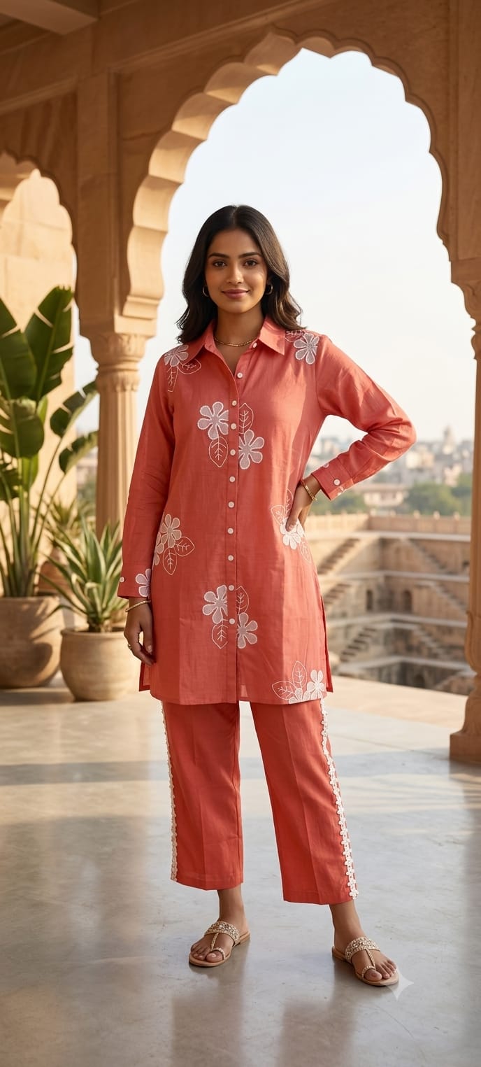 Cute Floral Applique Look Embroidered Banarasi Mul-Chanderi Co-Ord Set- 15435