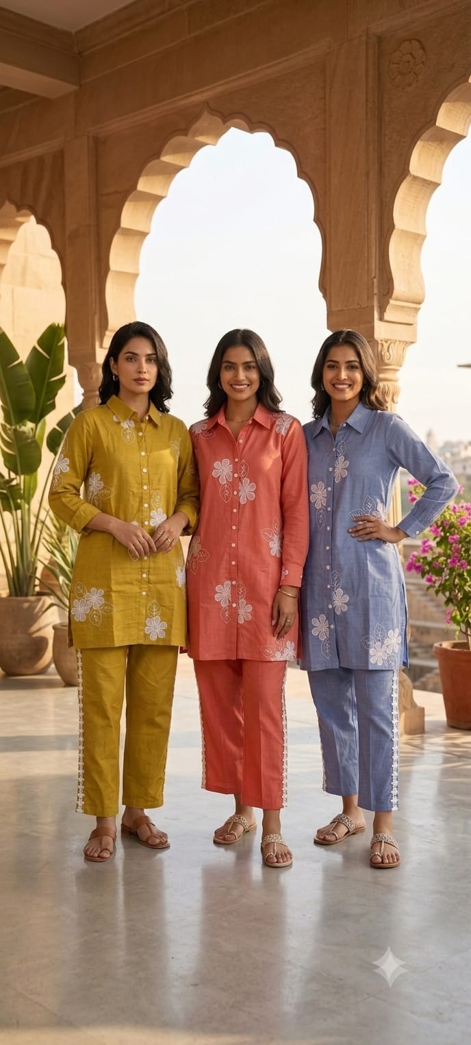 Cute Floral Applique Look Embroidered Banarasi Mul-Chanderi Co-Ord Set- 15435