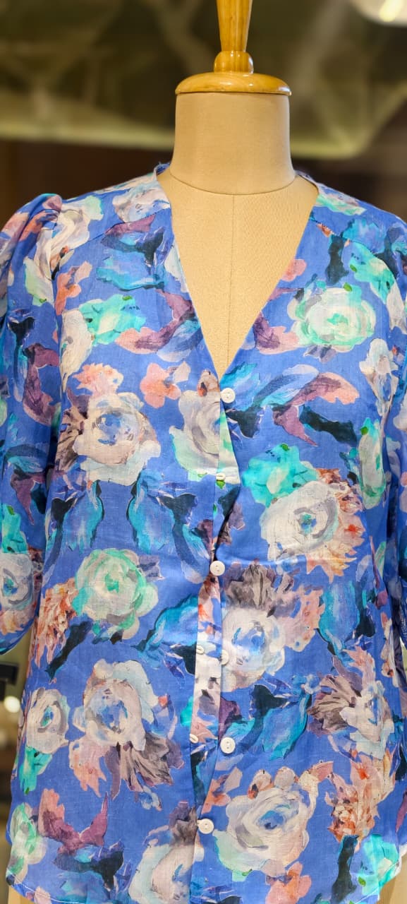 Watermark Floral Illusional Print V-Neck Vibrant Pure Linen Casual Top- 15464