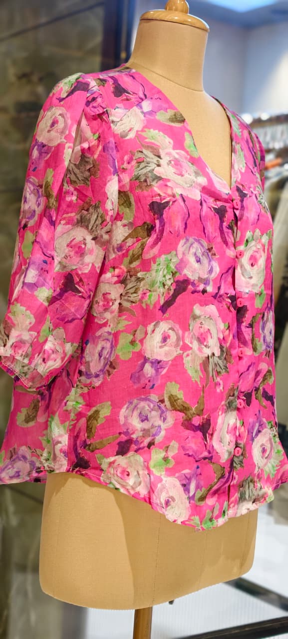 Watermark Floral Illusional Print V-Neck Vibrant Pure Linen Casual Top- 15464