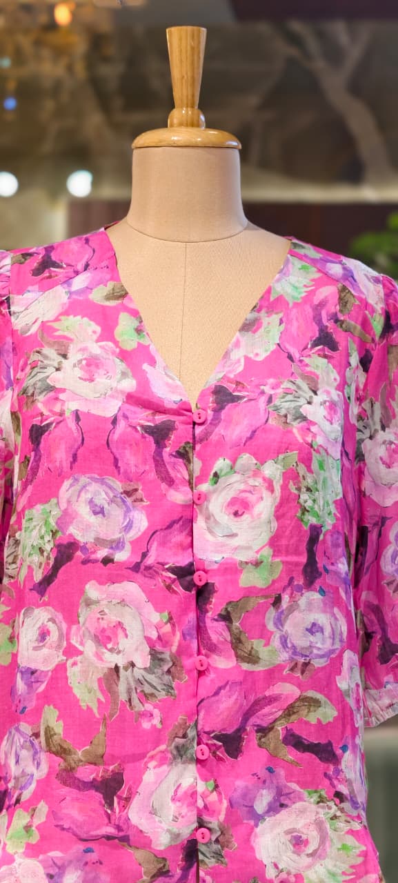 Watermark Floral Illusional Print V-Neck Vibrant Pure Linen Casual Top- 15464