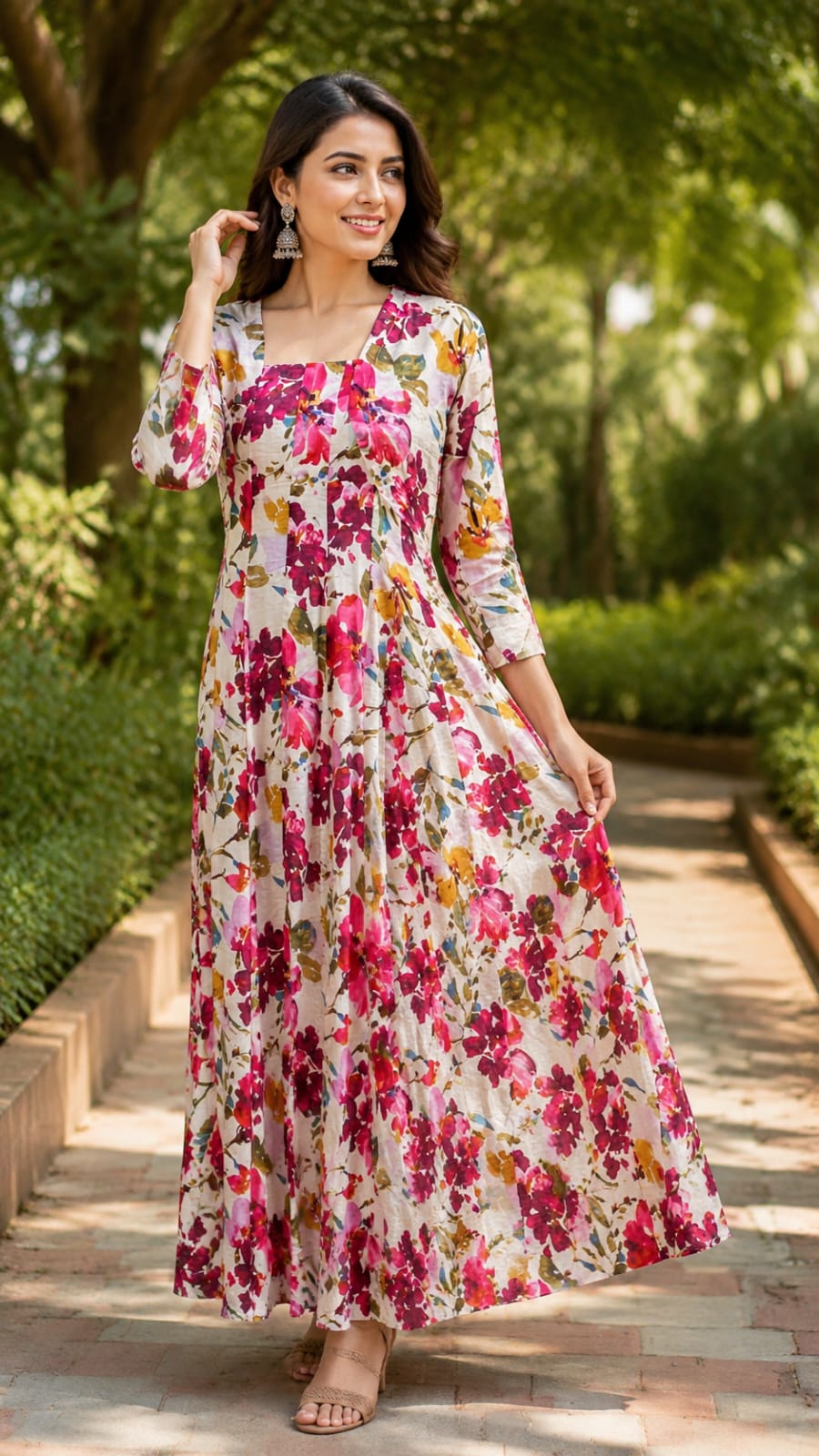Spring Floral Print Stretchable Long Frock With Seperate Outer- 15455