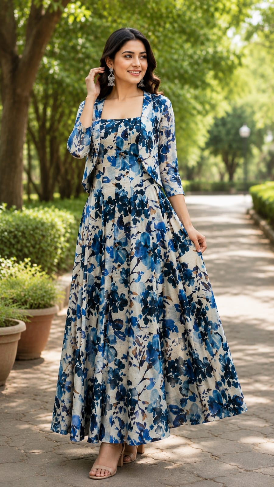 Spring Floral Print Stretchable Long Frock With Seperate Outer- 15455