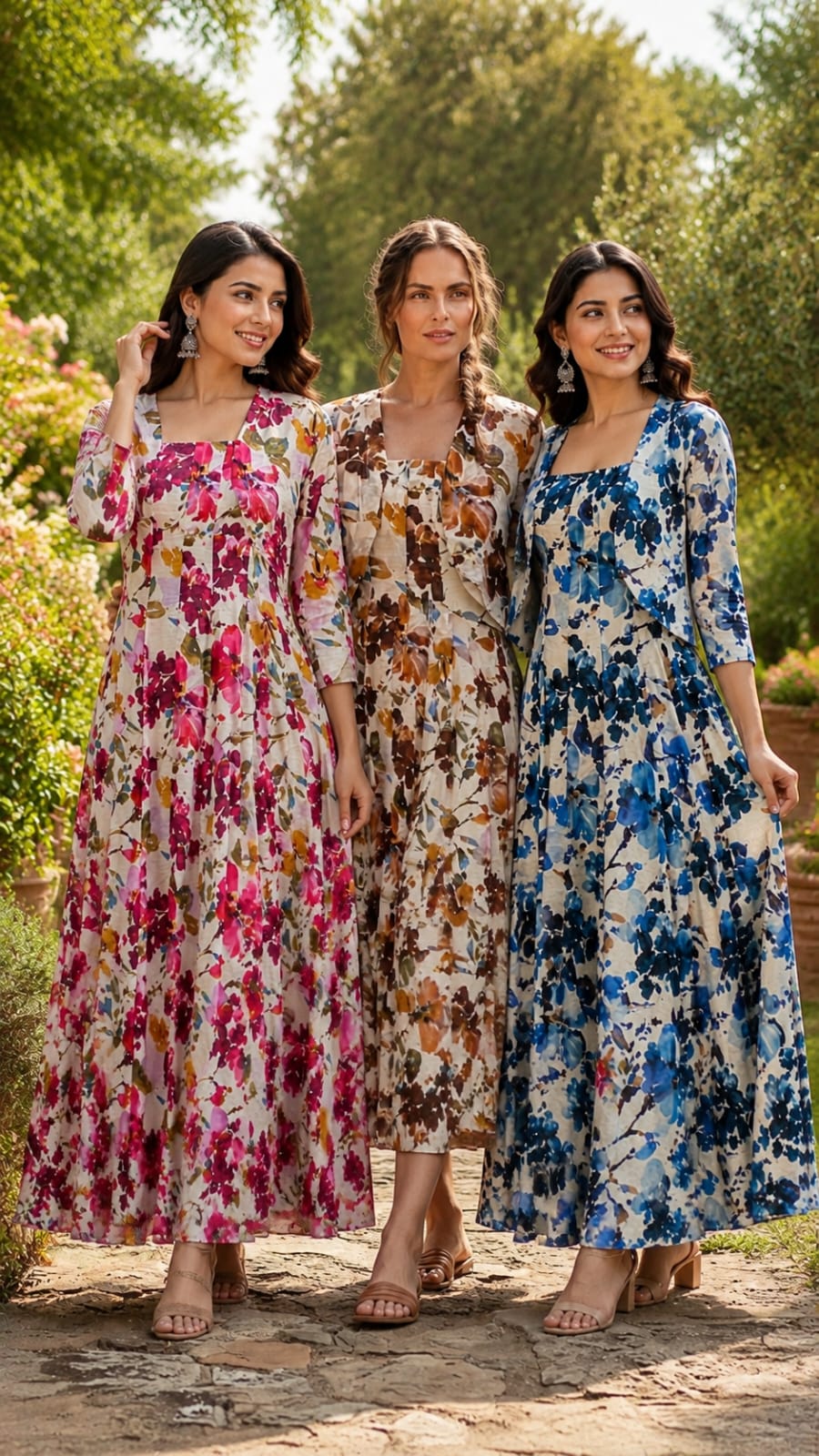 Spring Floral Print Stretchable Long Frock With Seperate Outer- 15455