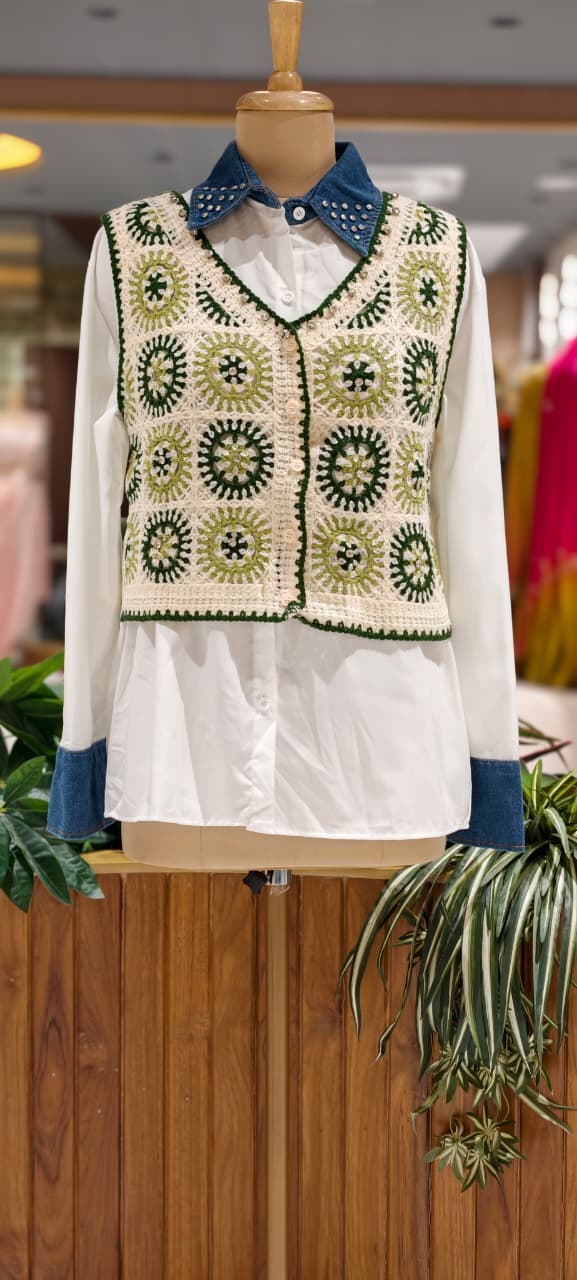 Studded Stone Denim Collar White Shirt with Cropped Granny Square Crochet Outer- 15438