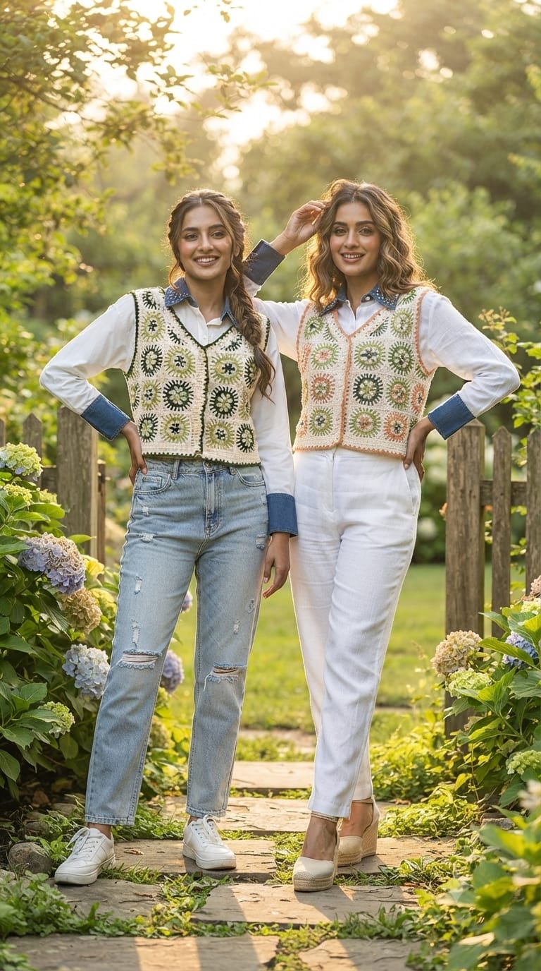 Studded Stone Denim Collar White Shirt with Cropped Granny Square Crochet Outer- 15438