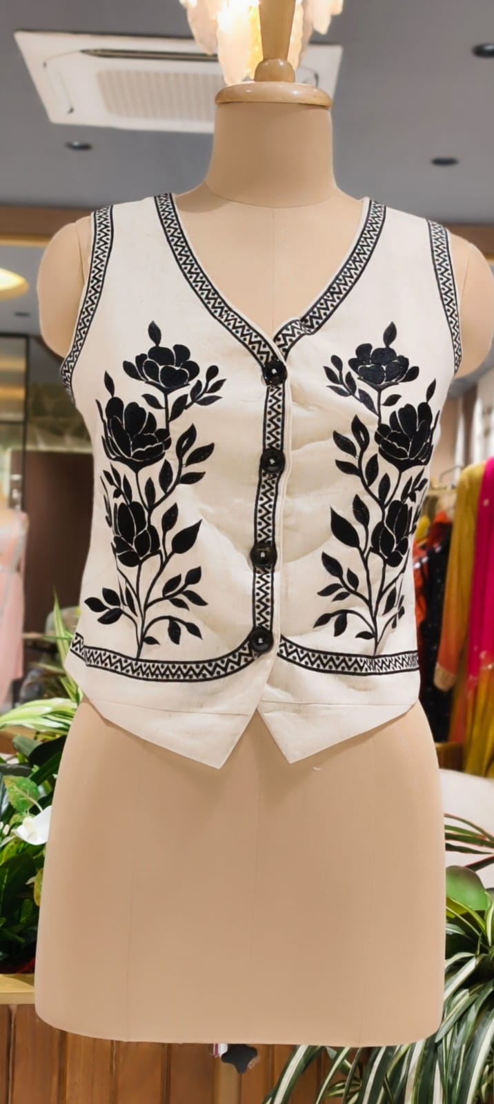 Rosy Embroidered Button Accent Stylish Outlined Half Jacket- 15463