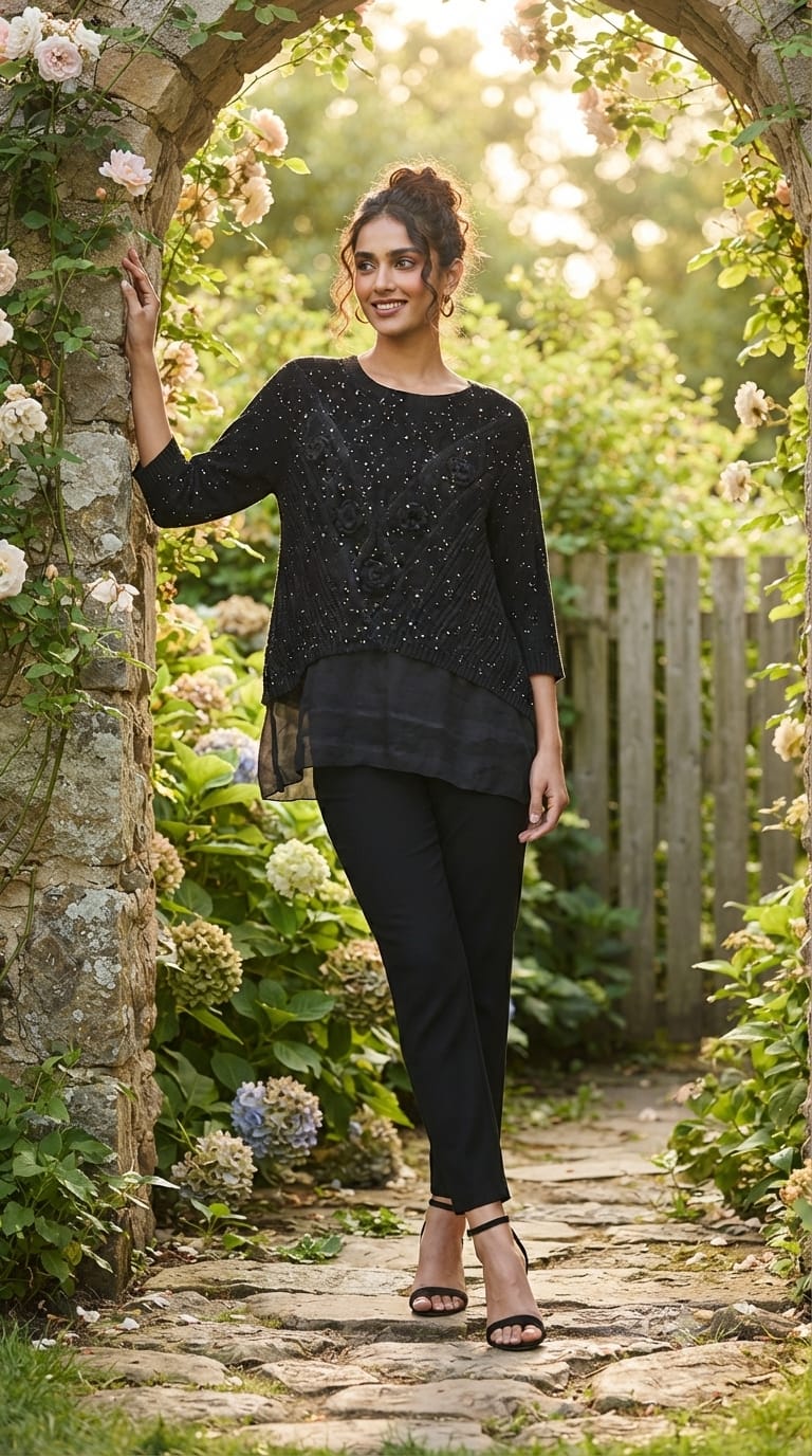 Granny Crochet Popped Floral Double Layer Glittery Western Top- 15451