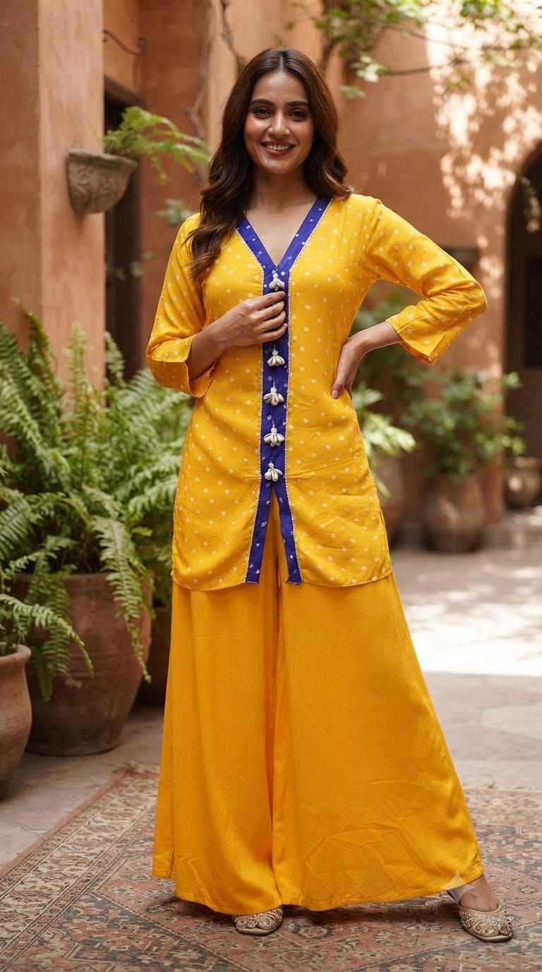 Bandhej High-Low Kurta with Flare Bottom Yellow Placket and Handcrafted Cowrie Shell Tassels-12256,12257
