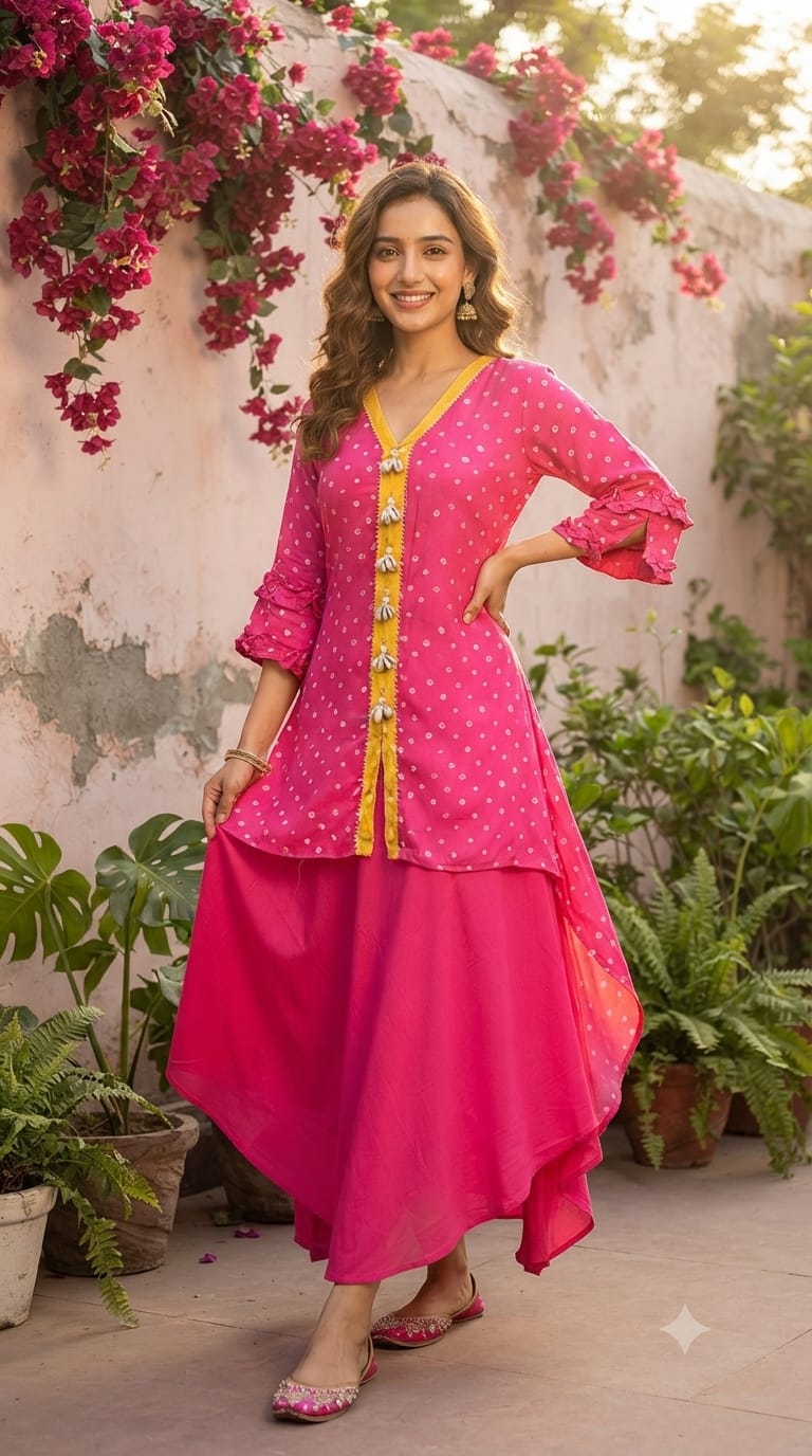 Bandhej High-Low Kurta with Flare Bottom Yellow Placket and Handcrafted Cowrie Shell Tassels-12256,12257