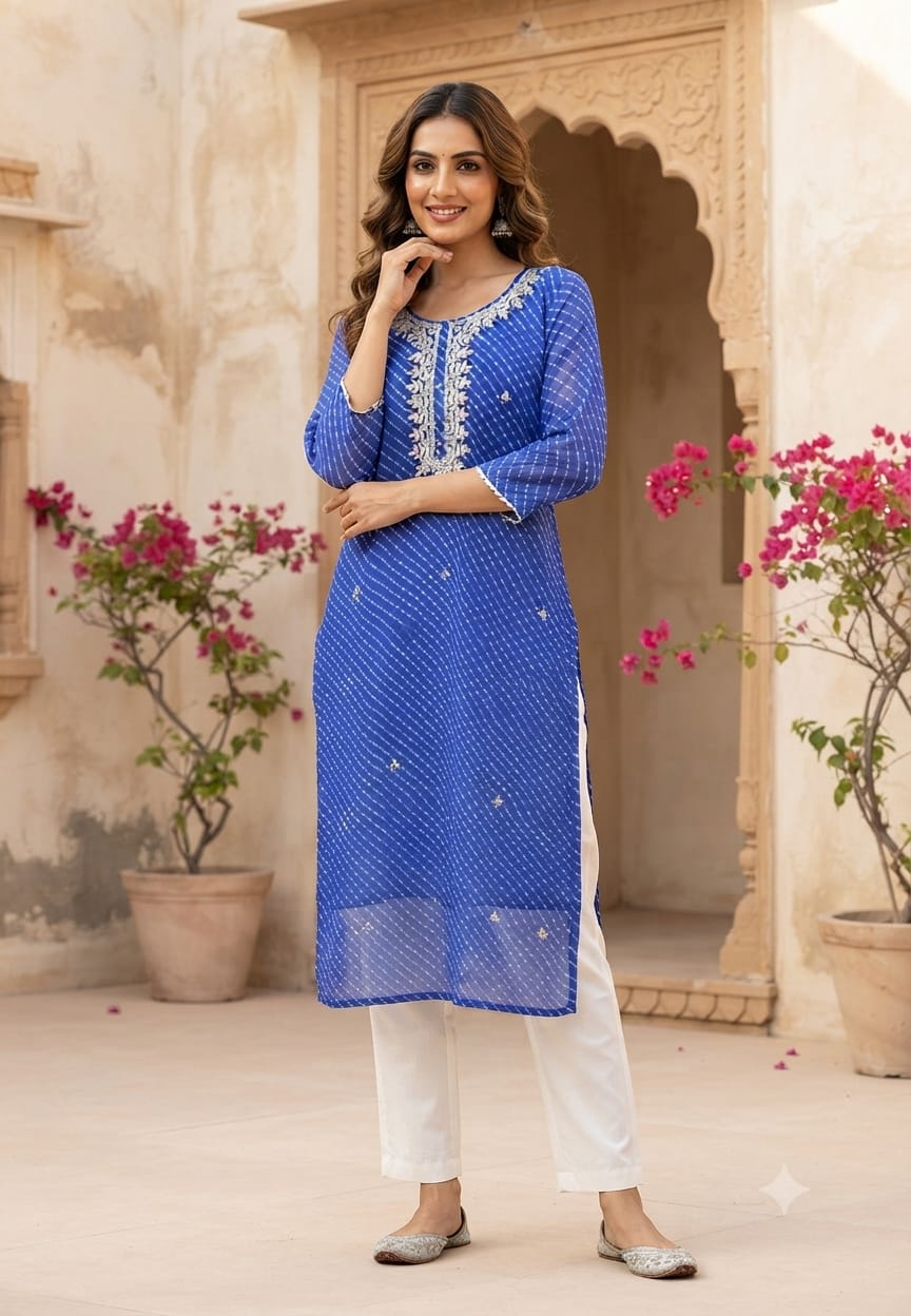 Royal Blue Leheriya Print Kurti with Heavy Embroidered Neck – 15490