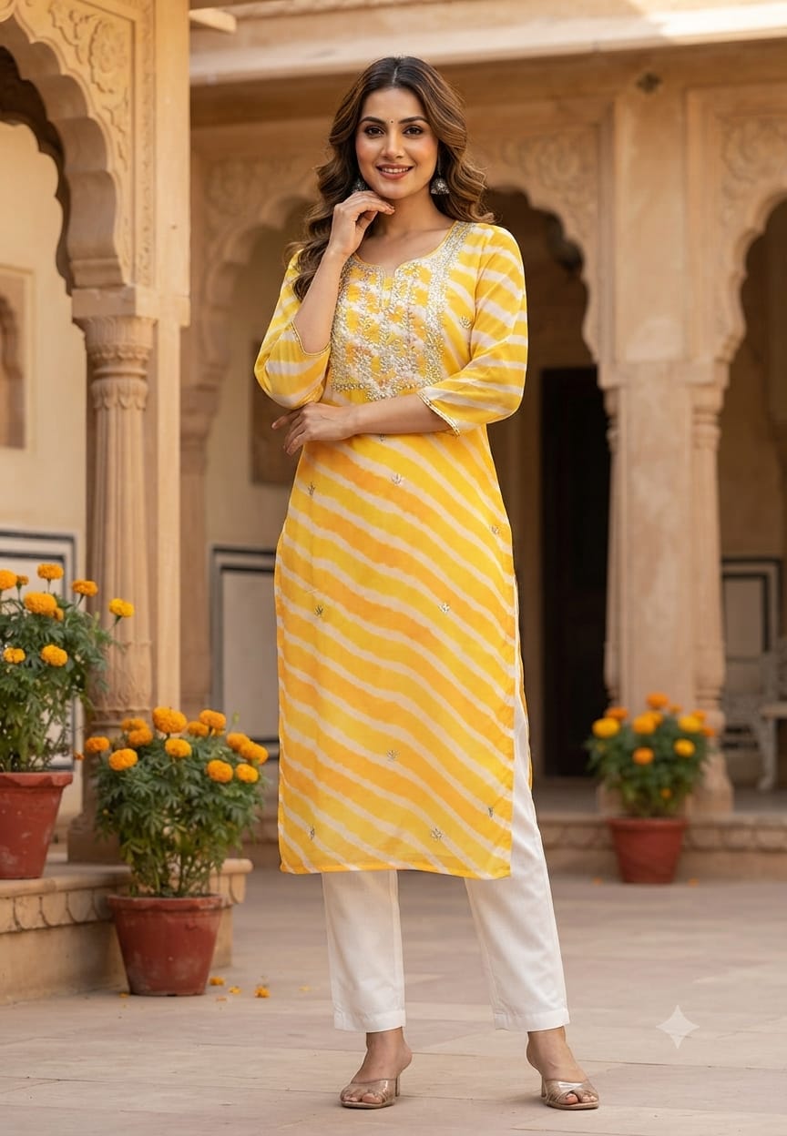 Yellow Leheriya Print Kurti with Heavy Hand Embroidered Yoke –15490