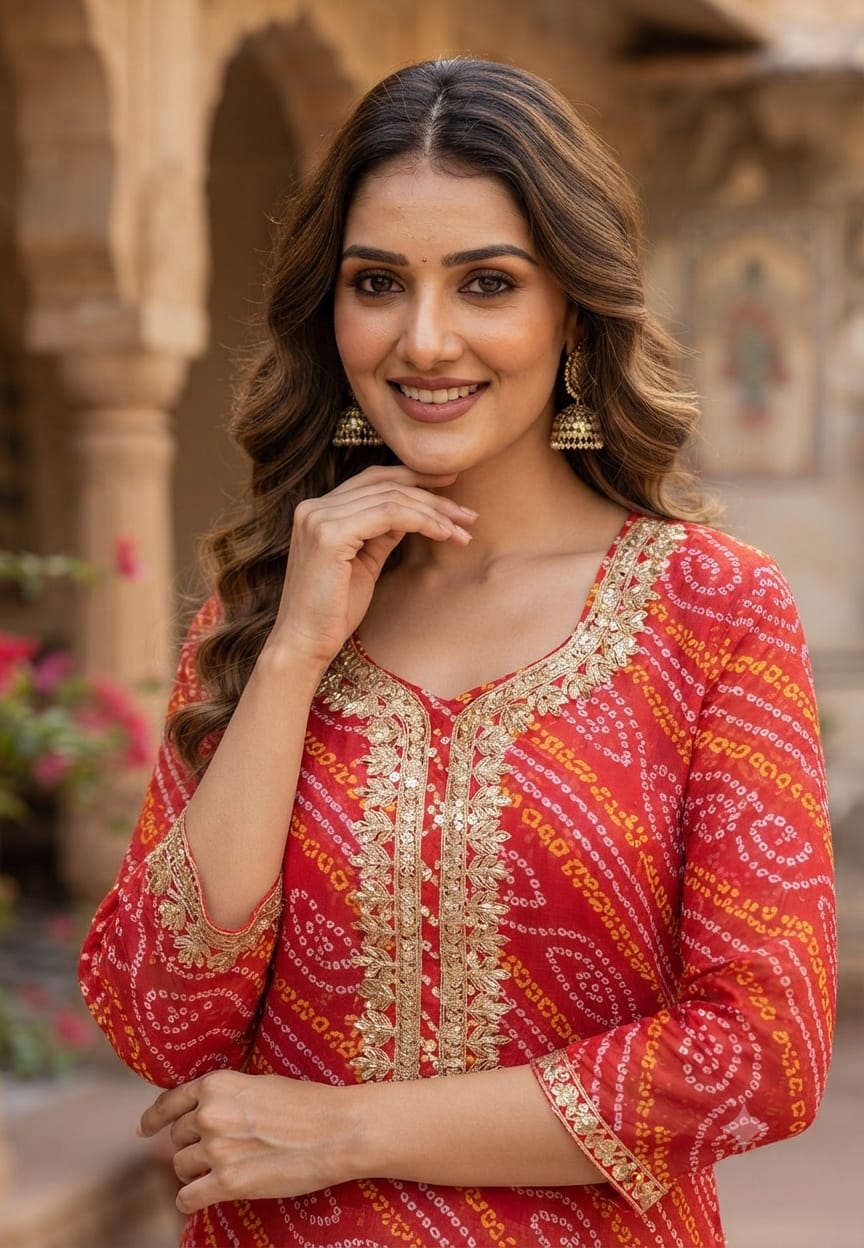 Georgette Bandhani Print only Kurti with Embroidered Neck-15479