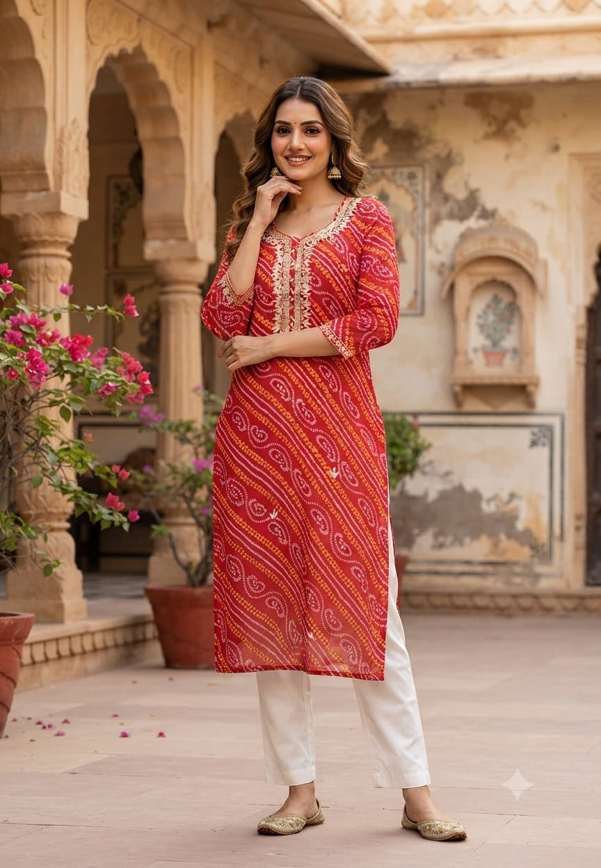 Georgette Bandhani Print only Kurti with Embroidered Neck-15479