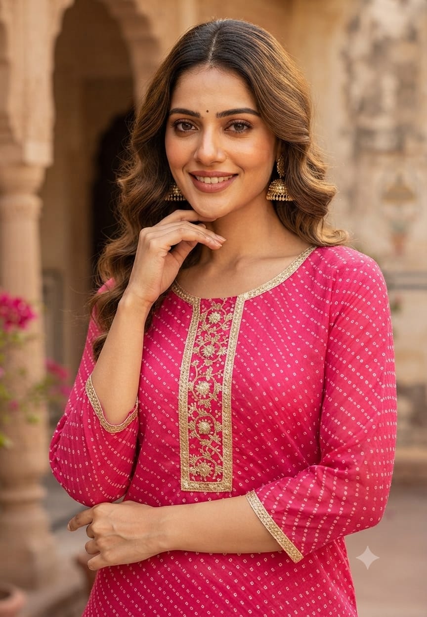 Women's Georgette Leheriya Print Kurti with Embroidered Neck-15477