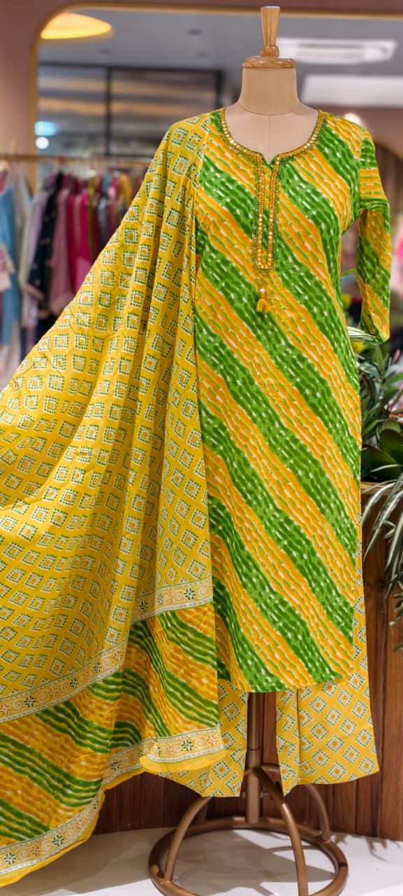 Premium Cotton Leheriya Bandhani Print Kurta Set with Matching Dupatta and Bottom-15474