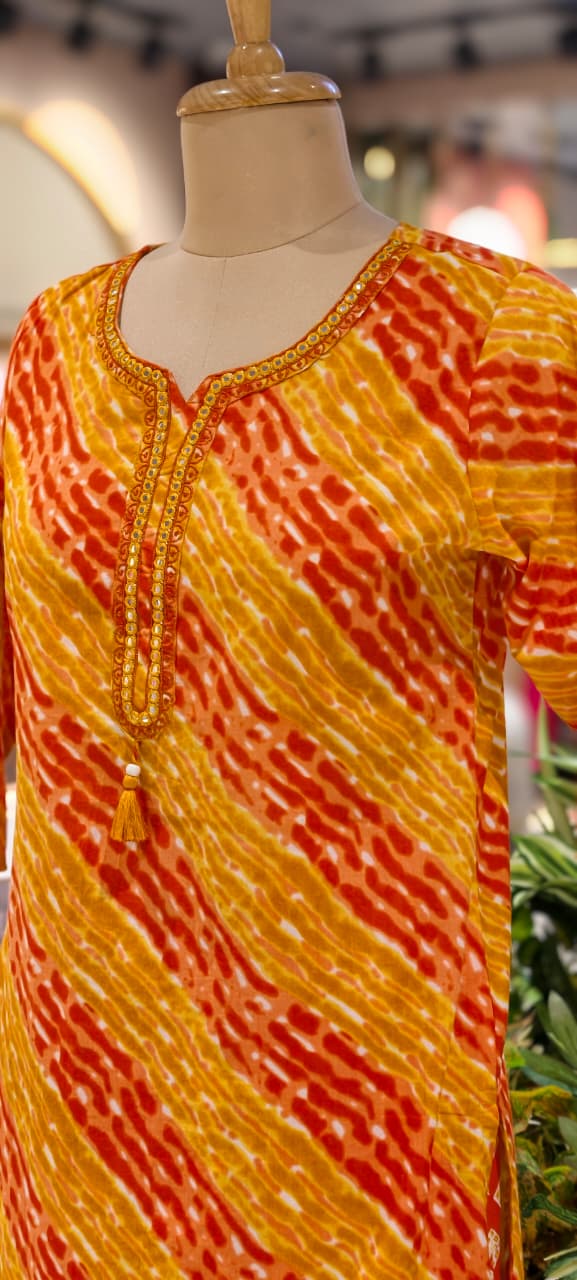 Premium Cotton Leheriya Bandhani Print Kurta Set with Matching Dupatta and Bottom-15474