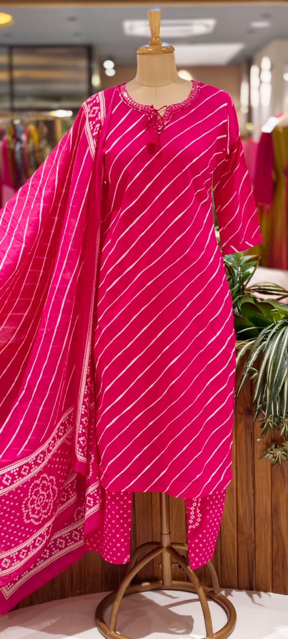 Premium Leheriya Print Cotton Full Suit Set with Matching Dupatta- 15475