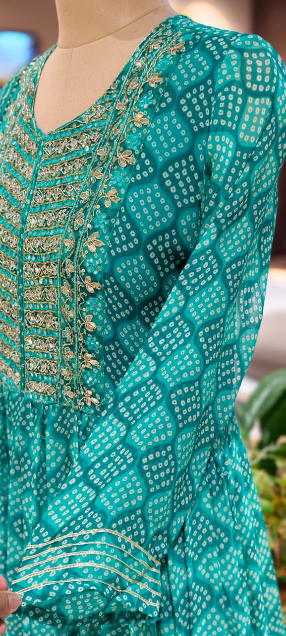 Georgette Bandhani Diamond Print Anarkali Set with Heavy Embroidered Yoke & Matching Dupatta(No Bottom)-15489