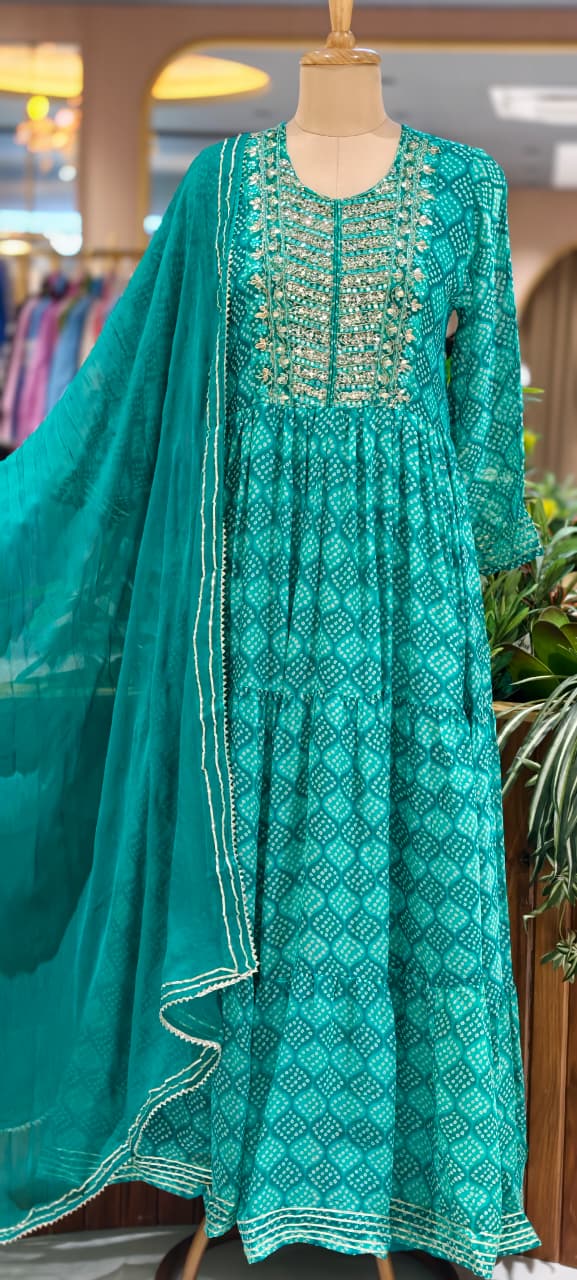 Georgette Bandhani Diamond Print Anarkali Set with Heavy Embroidered Yoke & Matching Dupatta(No Bottom)-15489