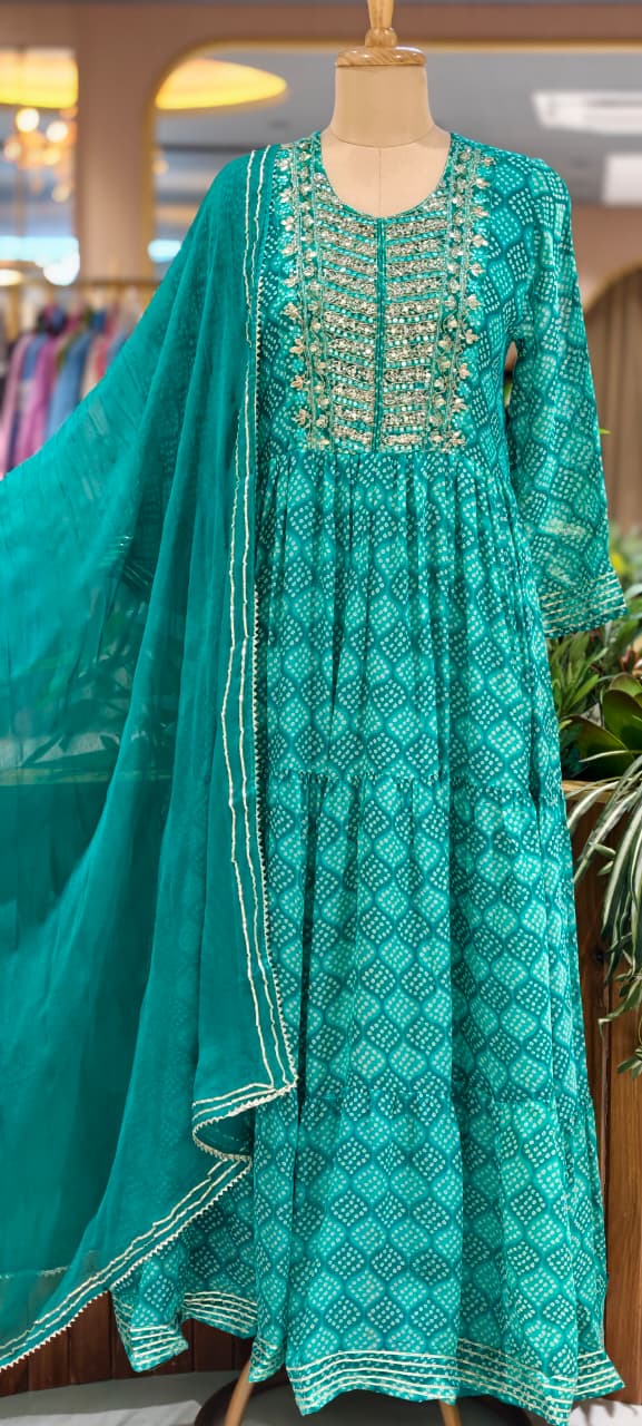 Georgette Bandhani Diamond Print Anarkali Set with Heavy Embroidered Yoke & Matching Dupatta(No Bottom)-15489