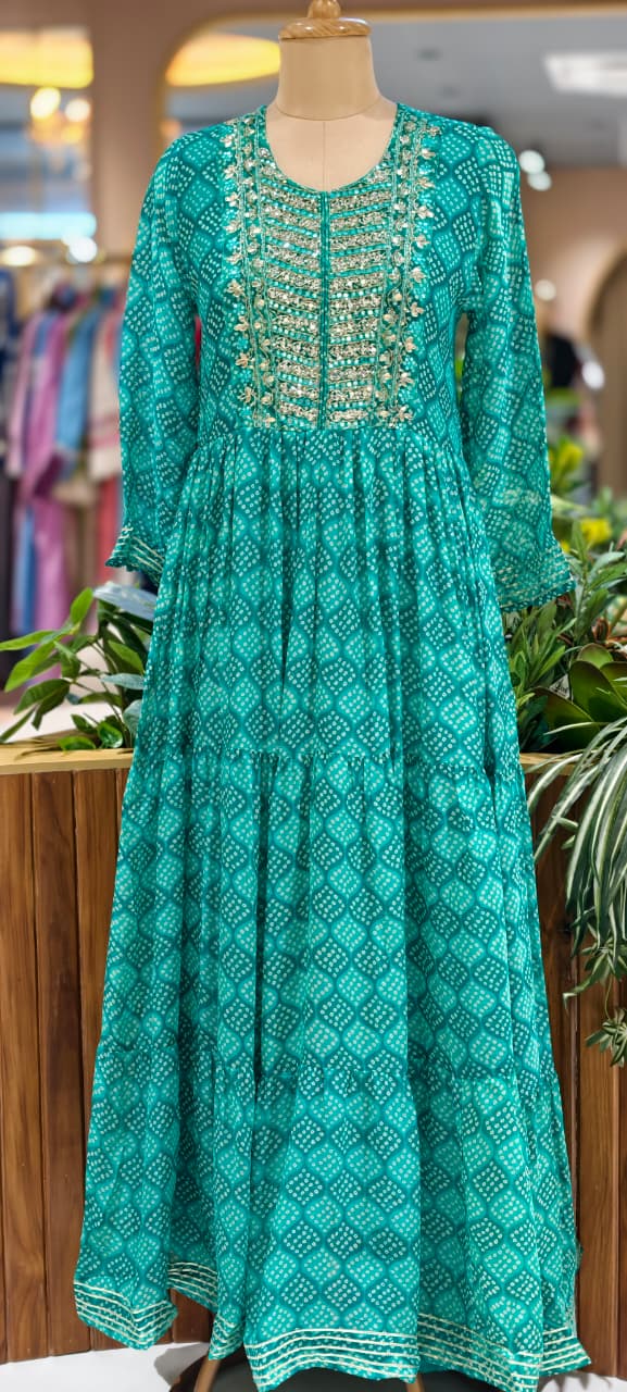 Georgette Bandhani Diamond Print Anarkali Set with Heavy Embroidered Yoke & Matching Dupatta(No Bottom)-15489