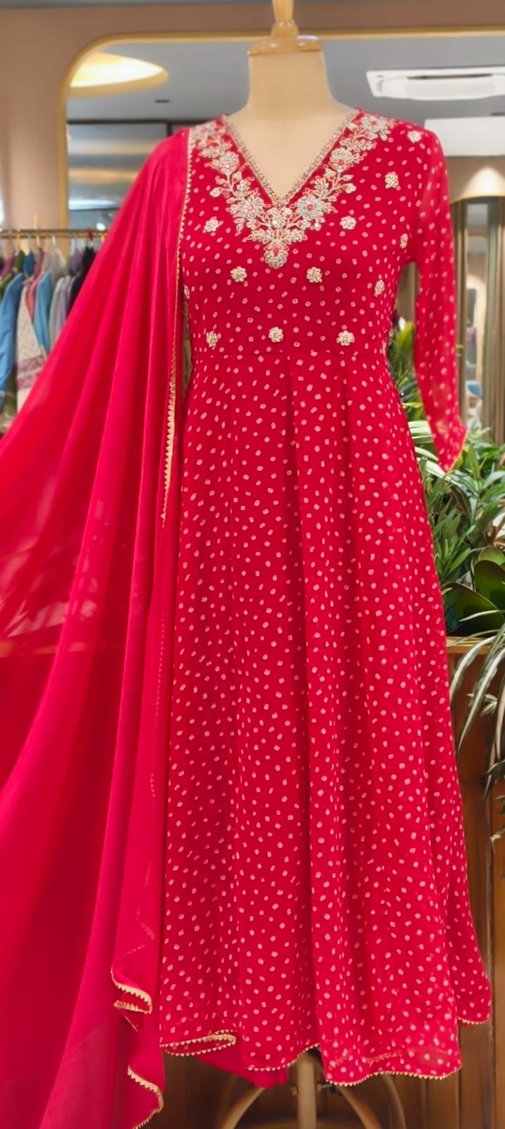 Georgette Bandhani Print Anarkali Kurta Set with Heavy Embroidered V-Neck Matching Dupatta & Bottom-15487