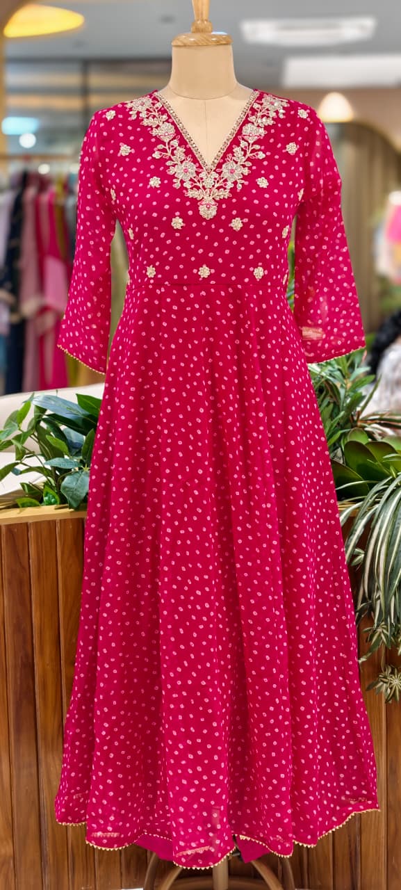 Georgette Bandhani Print Anarkali Kurta Set with Heavy Embroidered V-Neck Matching Dupatta & Bottom-15487