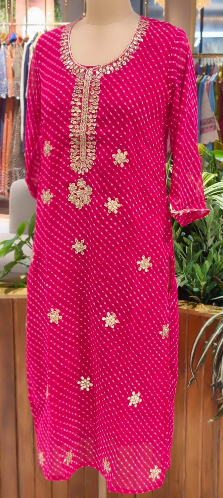 Georgette Leheriya Print Kurti with Heavy Hand Embroidered Neck- 15490