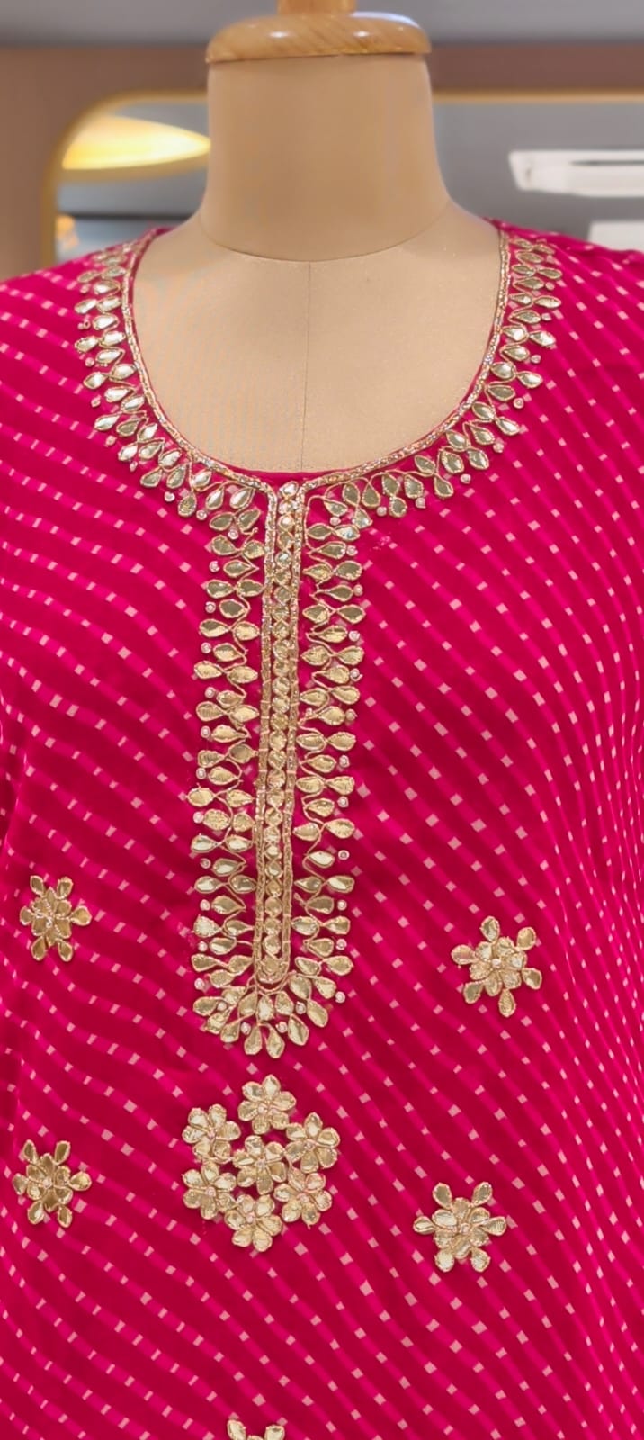 Georgette Leheriya Print Kurti with Heavy Hand Embroidered Neck- 15490