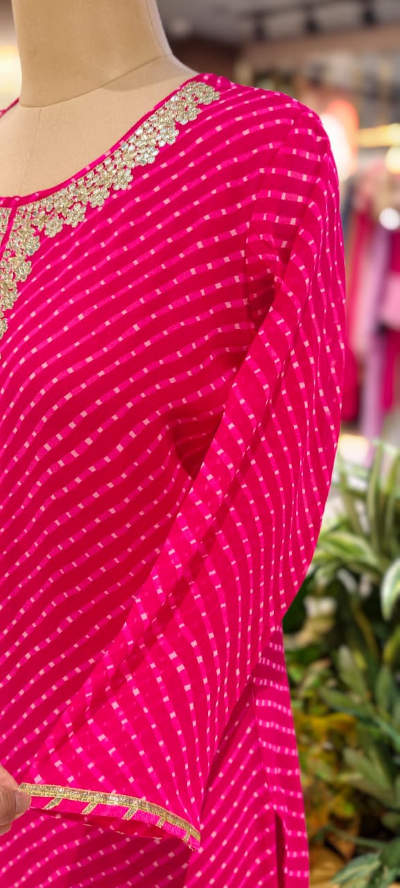 Women's Georgette Leheriya Print Kurti with Heavy Hand Embroidered Round Neck-15490