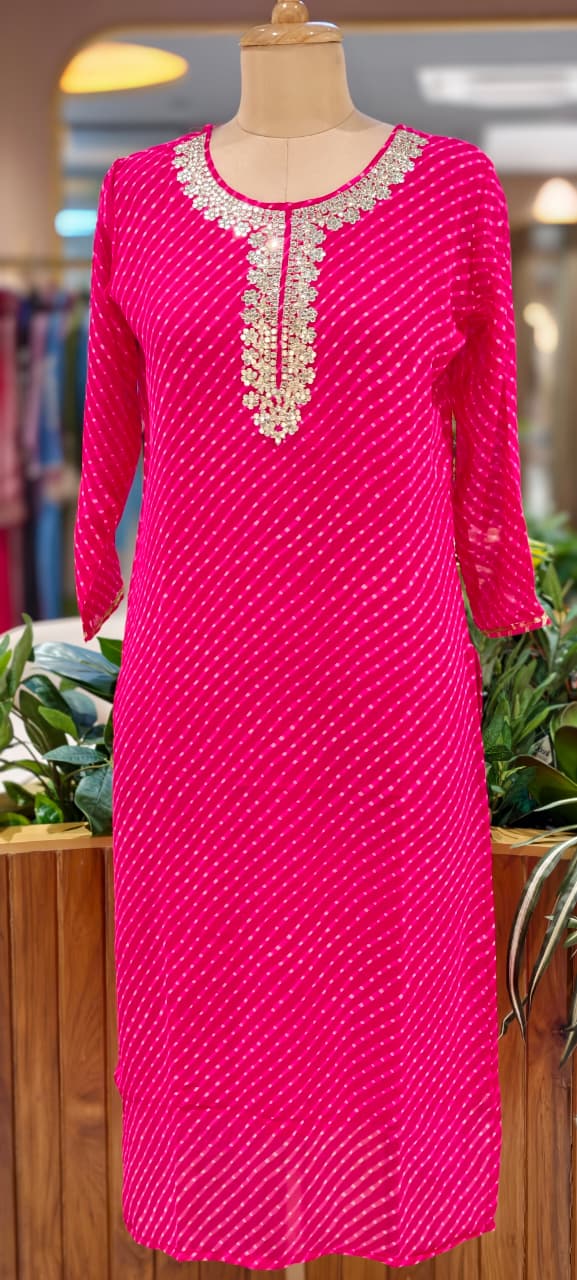 Women's Georgette Leheriya Print Kurti with Heavy Hand Embroidered Round Neck-15490