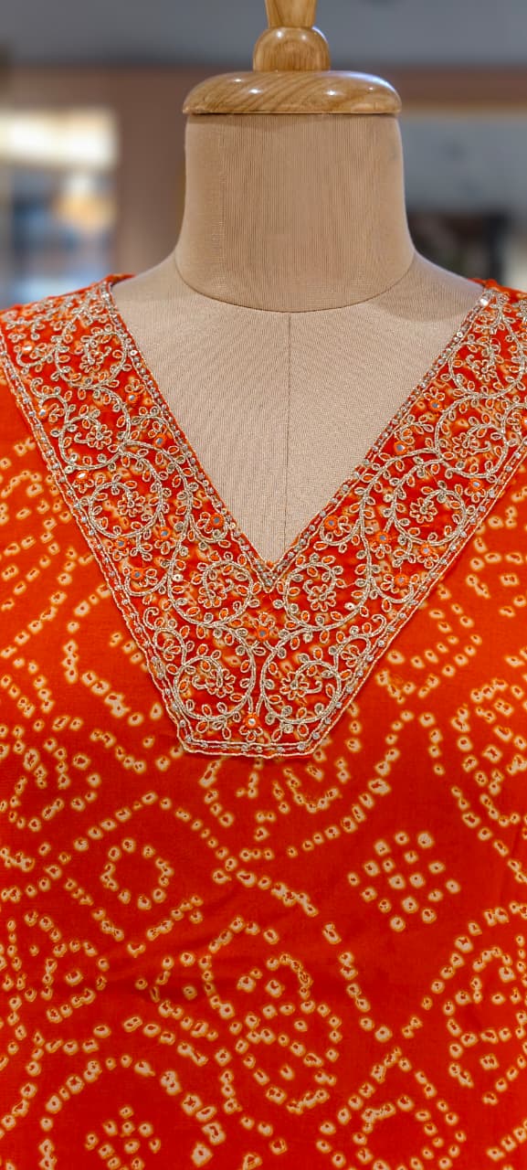 Machine Work Embroidered V-Neck Premium Bandhani Print Georgette Kurta Pant Set with Pockets-15481