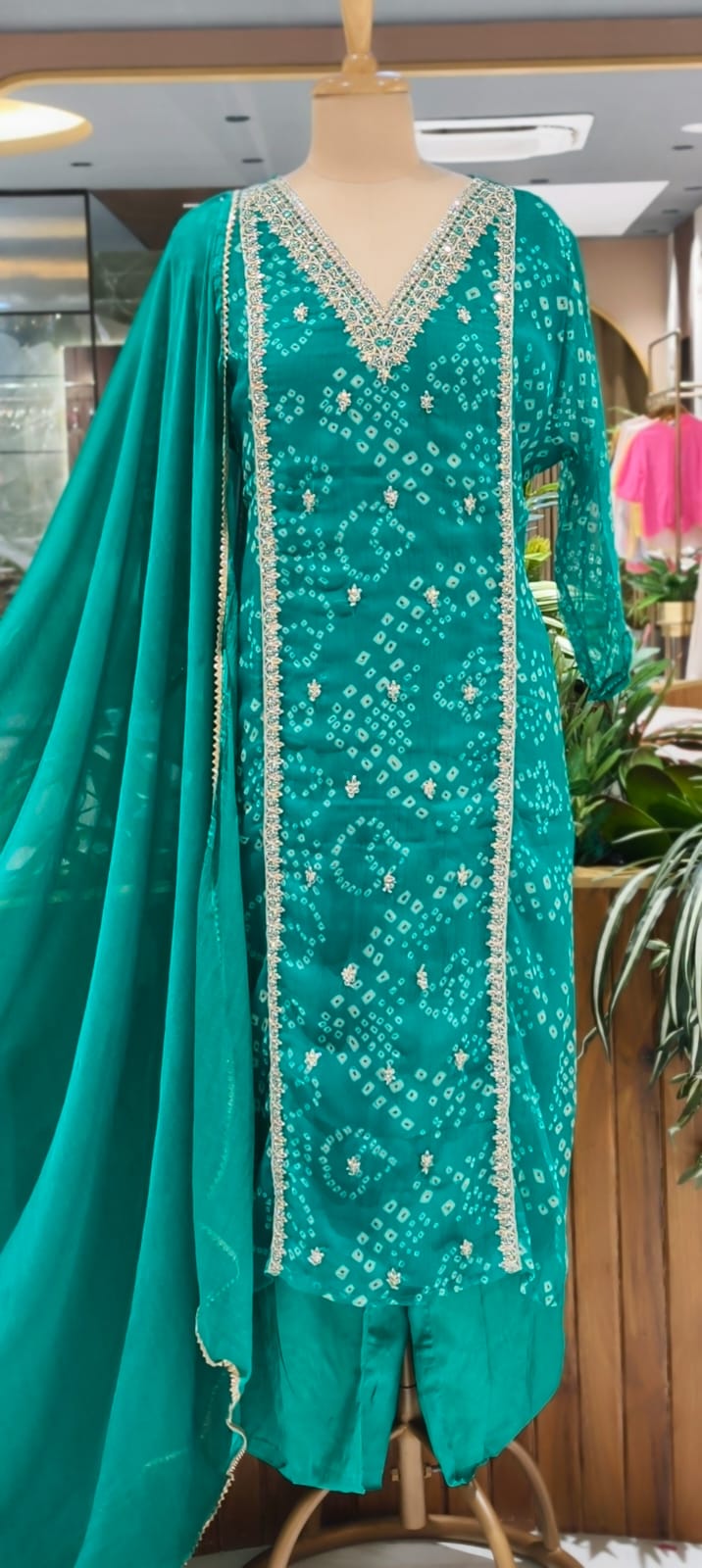 Gotta Patti Linear Zardosi Work Bandhani Print Georgette Full Suit Set With Dupatta- 15485