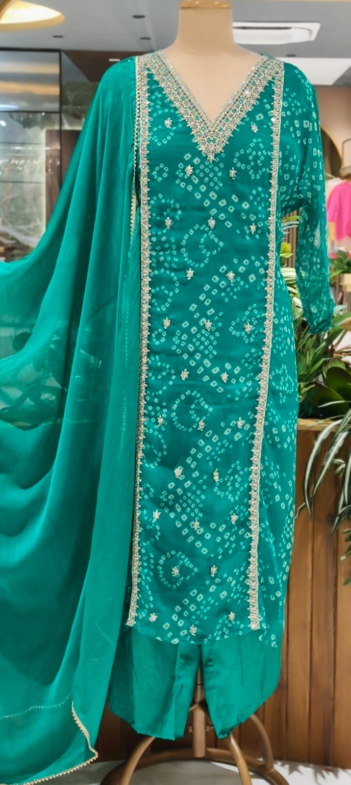 Gotta Patti Linear Zardosi Work Bandhani Print Georgette Full Suit Set With Dupatta- 15485