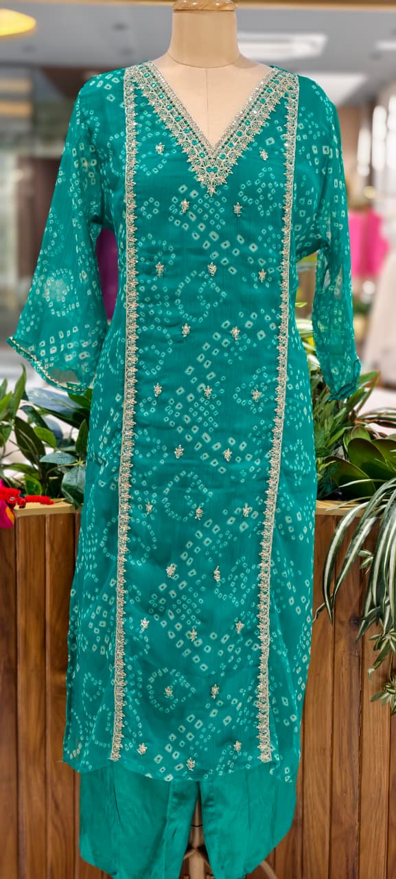Gotta Patti Linear Zardosi Work Bandhani Print Georgette Full Suit Set With Dupatta- 15485